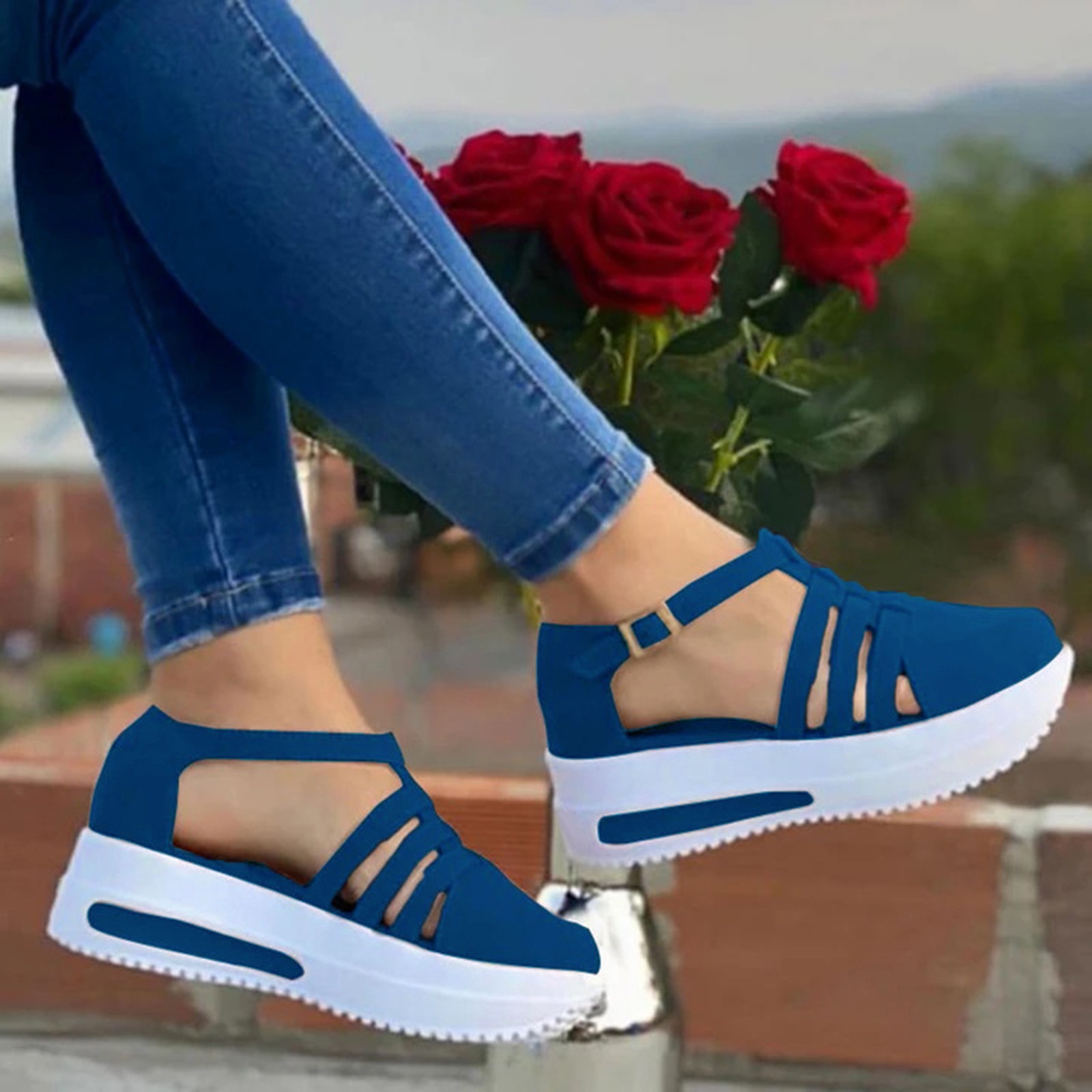 Akiihool Womens Sandals Ankle Buckle Sandals with Strap Bowknot Summer Beach Sandals Open Toe Espadrille Platform (Blue 10)